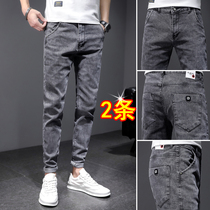 Spring and Autumn 2021 new jeans mens slim feet Korean casual summer thin trousers mens fashion brand