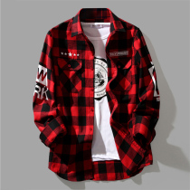 Tide brand spring autumn Plaid long sleeve shirt men loose casual Korean shirt trend handsome tooling inch shirt jacket