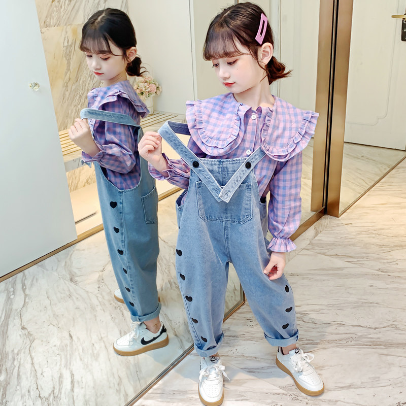 Girls spring jeans set 2021 new foreign air 10 middle school children 12-year-old girl spring carry pants two-piece set