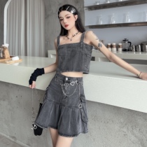 Net red hot girl fried street suit sweet cool denim camisole female a-line high waist thin skirt two-piece summer