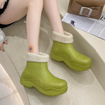 Ashigo mona same rain boots female winter plus velvet avocado green water shoes short tube boots increased thick soled boots rain shoes