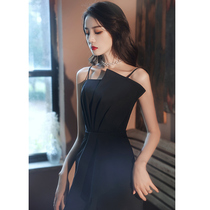 Black evening dress dress female niche light luxury high-end banquet temperament host sexy chest high texture autumn