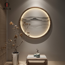 New Chinese style solid wood round partition hanging painting entrance background wall decorative painting office hanging screen Hotel with light screen