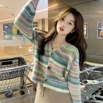 Early autumn coat 2021 New lazy style Korean version of advanced sense chic pullover rainbow sweater loose knitwear women