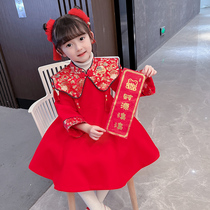 Girls festive red dress New Year dress 2021 female baby Chinese style plus velvet padded New Year dress shawl skirt