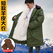 Goat Leather Army Coat Men Genuine Leather Warm Medium Long wool leather wool integrated cold storage winter mountaineering anti-cold thickened cotton