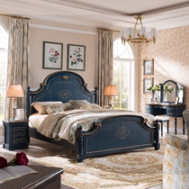 American vintage solid wood double bed Master bedroom Blue suit bed set Solid wood bed set Dresser stool