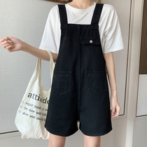 2021 summer new large size fat mm denim strap shorts female student Korean version loose age reduction thin fashion