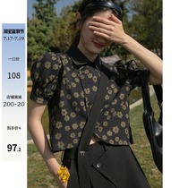 Hello Cannon new flower irregular hem short-sleeved shirt womens summer retro French temperament short top