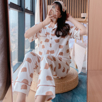 Pajamas womens summer thin cotton short-sleeved trousers two-piece suit cute spring and autumn loose cotton womens home clothes