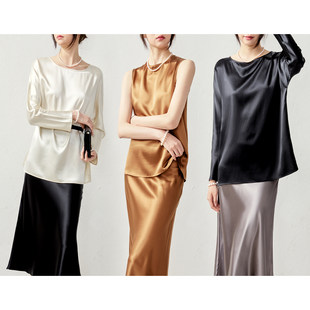 Rongmei flowing gem 30mm heavy satin full silk classic round neck shirt spring and summer/fishtail skirt