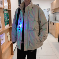 Chao brand fried street laser reflective down cotton jacket mens winter thickened stand collar coat trend Joker cotton padded jacket