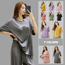 Modal short-sleeved pajamas womens summer thin Joker round neck single loose large size coat womens cool solid color