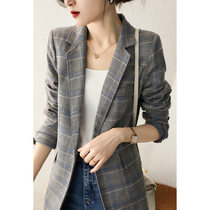 The Smiling Culvert chic fabric Grey Weave breathable flax One grain buckle suit Season Trendy Jacket Woman XZA461179AG