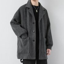 Corduroy wool coat men's winter plus velvet padded Korean fashion loose wool coat men's long windbreaker