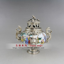 Antique old old silver-white copper bag porcelain incense burner incense burner incense burner Pink Picture 12cm