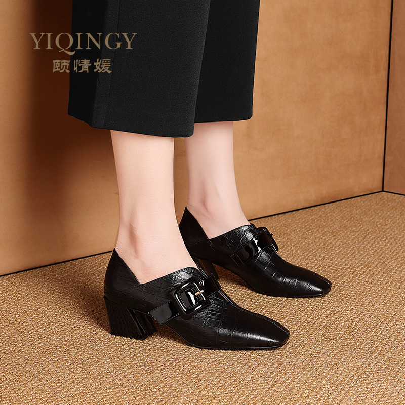 Autumn Deep-mouthed Single Shoes Women's Fashion Leather Shoes 2019 New Style Women's Shoes Black Square Head British Wind heels