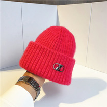 Korean metal buckle pull ring knit hat thickened warm wool cap short melon leather cap cold hat autumn and winter ear protection cap