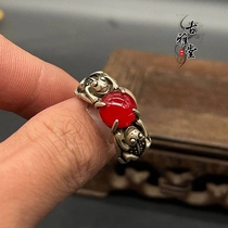 Antique silver ring red agate Tibetan silver jewelry imitation silver ring keel ring ancient bronze ring old objects