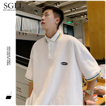 Polo shirt Mens fashion brand short sleeve summer lapel loose cotton striped t-shirt American Street ins lead top