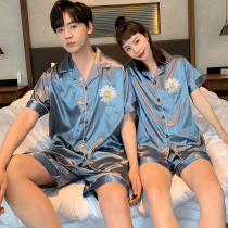 Couple pajamas womens summer ice silk short-sleeved shorts two-piece summer thin cute real silk mens home clothes