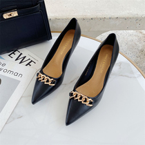 Wushe glamorous high-end black pointed chain high-heeled XIE Female fine heel shallow mouth social single XIE