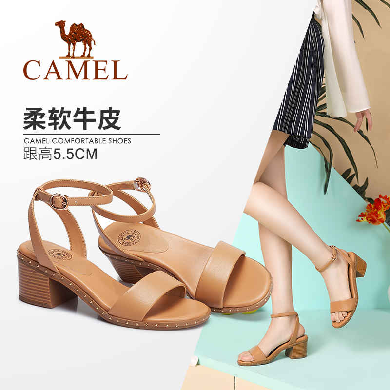 Camel summer 100 sets of leather high heel word with toes Roman sandals female summer thick heel middle heel work shoes