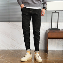 Autumn and winter mens black vintage American jeans mens trendy brand Slim foot pants Korean trend Joker trousers