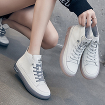 Tide brand cowhide high-top shoes female 2021 Spring and Autumn New Korean version of Wild leather White shoes beef tendon casual board shoes