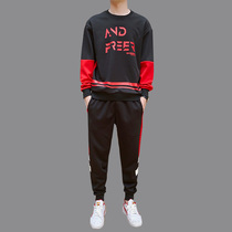 Tide brand printed round neck sweater mens spring and autumn casual sports suit loose student handsome clothes a set of two pieces