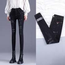 Pierced black jeans womens spring and autumn 2021 new high waist thin slim fashion tight cropped pants