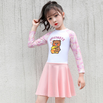 2021 Childrens swimsuit Girls long sleeve one-piece skirt split swimsuit Girls medium and large children sunscreen quick-drying swimsuit