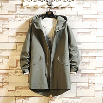 Tooling windbreaker mens spring and autumn Japanese tide brand loose hooded jacket young handsome casual medium-length jacket tide