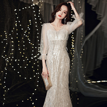 Golden evening dress dress women 2021 New banquet temperament long birthday sequins light luxury niche high-end host