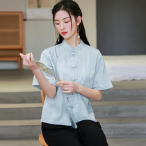 Zen Imagery Womens Clothing Womens Fu Department Zen Suit Tea Suit Chinese Style China Wind Retro Disc Buckle Blouses Short Sleeve Cotton Linen Suit