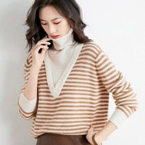 Autumn and winter large size turtleneck striped sweater female fake two bottomed knitted sweater loose wear design sense Korean top