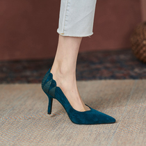 SANDO design sense ~ niche high-grade sapphire blue high-heeled women's thin heel Joker temperament pointed shoes