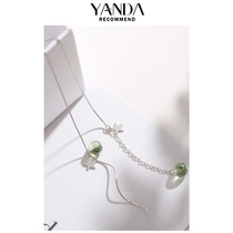 Yan 925 sterling silver green hair Crystal temperament Mori Super fairy Long Wave earrings show face thin earrings female