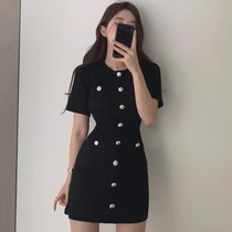  Design slim-fitting color bag female French retro hit single row knitted thin 2021 round neck dress Korean hip buckle