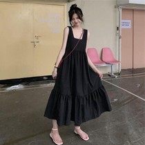College wind summer pinafore dress female Korean version of the loose long tooling sling skirt solid color lian yi qun zi