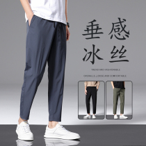 Hong Kong high - end nine - point ice wire casual pants for men loose straight - tube 2023 spring elastic little pants summer thin