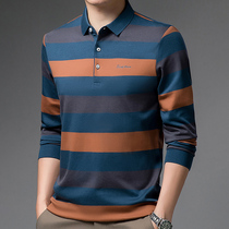 Hong Kong high-end striped polo shirt mens long-sleeved t-shirt loose business casual middle-aged autumn lapel shirt trend