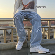 High Street Jeans Mens Spring Boomer Sign Cloth Straight Barrel Pants American Hip Hop Street Big Code Wide Leg Tugging Long Pants