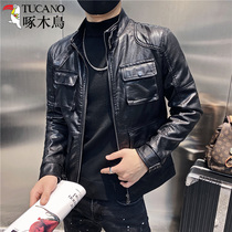 Pecking wood bird mens leather clothing genuine leather short style collar jacket mens clothing Han version Trend casual handsome gas locomotive jacket man