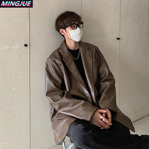 American leather jacket jacket mens spring and autumn suit oversize niche national tide motorcycle style brown retro leather jacket