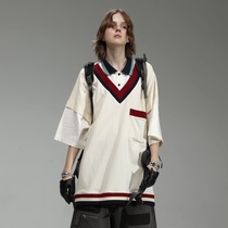UNVESNO vintage fake TWO-piece V-neck college style couple loose tide brand short-sleeved POLO shirt Zheng Dani with the same paragraph