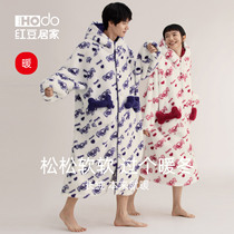 (Warm Sensation) Red Bean Sleeping Robe Couple Coral Suede Male And Female Winter Flannel Long printed sleeping clothes cartoon bathrobe