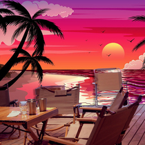 Background wallpaper of Thai cuisine restaurant Background wallpaper of resort coconut tree wallpaper Sunset red-sunset palm tree wallpaper