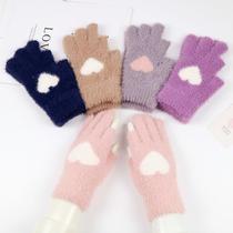 South Korea ins touch screen gloves female thick love Dew two fingers student warm half finger imitation mink wool youth