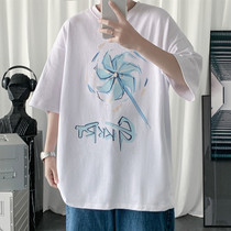 Heavy cotton t-shirt mens short-sleeved tide brand ins trend net red ice silk top Design sense niche Harajuku Port wind T-shirt